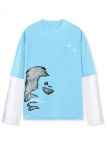 Manfinity EMRG Men's Solid Color Patchwork Round Neck Long Sleeve Print Casual Light Blue Graphics  T-Shirt - Blue - View 2