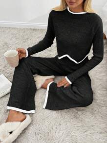 EURMUSE 女士罗纹针织不对称下摆毛衣和毛衣裤套装