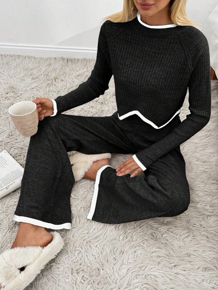 EURMUSE 女士罗纹针织不对称下摆毛衣和毛衣裤套装