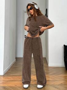 SHEIN EZwear Autumn/Winter Casual Homewear Set: Crew Neck Short Sleeve Top And Straight Leg Distressed Loose Pants