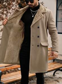 Manfinity Homme 男士纯色双排扣休闲大衣，秋冬，秋季，冬季，Old Money - 卡其色 - 查看 3