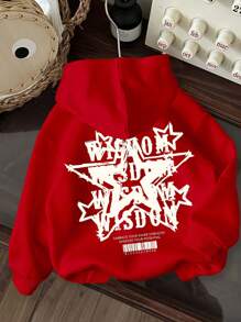 SHEIN Tween Boy Casual Minimalist Cartoon Graphic Hooded Thick Sweatshirt, Suitable For Autumn/Winter - Red - View 1