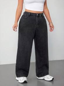 SHEIN EZwear Plus High Waist Straight Leg Jeans - Black - View 4