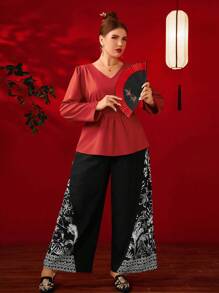 SHEIN Clasi 2 件大码纯色 V 领长袖上衣和裤子套装，简约风格 - 彩色 - 查看 5