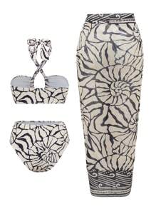 Swim Oasis 3pcs/Set: Random Graphic Print Bandeau Crop Top, High Waist High Cut Bottoms & Random Print Tie Waist Skirt Summer