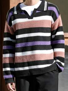 Claim Dot Men's Casual Striped Collared Long Sleeve Sweater