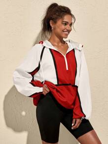 VARSITIE Contrast Color Drawstring Zipper Front Hooded Loose Casual Women Outdoor Jackets - Red - View 3