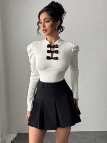 SHEIN Privé 女士优雅简约浪漫精致时尚约会/通勤编织刺绣蝴蝶结立领插肩袖拼色白色修身衬衫，适合秋季、冬季、春季情人节