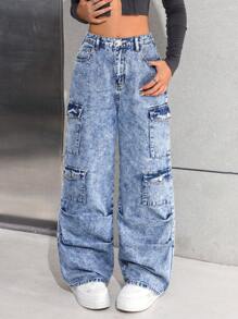 SHEIN Calça Denim Cargo Larga e Folgada com Bolsos Múltiplos, Desgastada e Plissada, Estilo Y2K para Adolescentes Meninas, Streetwear de Volta às Aulas no Outono e Inverno - Lavagem Média - Visão 3