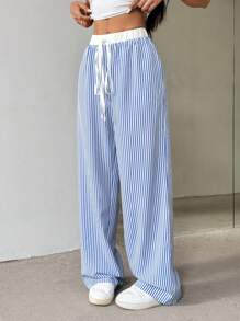 Flirla Pantalones rectos casuales de mujer a rayas azules y blancas - Azul - Ver 3