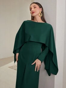 Modelyn 女士纯色圆领拼布阿巴雅长裙，优雅阿拉伯设计长款晚礼服，端庄