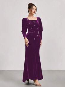 SHEIN Belle Rhinestone Embellished Velvet Long Sleeve Mermaid Dress, New Arrival Stage/Banquet/Party Slimming Gown, Wedding Guest Dress