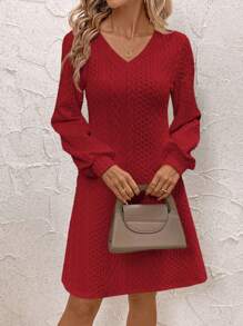 SHEIN Clasi Women's Solid Color V-Neck Long Sleeve Casual Short Dress, Autumn