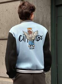 Manfinity RebelGame 男士梭织时尚休闲宽松夹克，适合日常穿着，年轻都市时尚彩色图案长袖棒球夹克，适合朋友、丈夫、男朋友的礼物，适合秋冬 - 彩色 - 查看 2