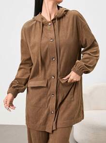 Mulvari 2件套卡其色女士休闲日常连帽衬衫和裤子套装，秋冬季两件套