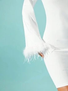 Hauture Women Solid Color Asymmetrical Neck Long Sleeve Fluffy Trim Minimalist Mini Dress - White - View 4