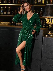 SHEIN Clasi Holiday ClothesWomen's Elegant Floral Print Surplice Neck Lantern Sleeve Belted Dress, Party Style Sequin Dress