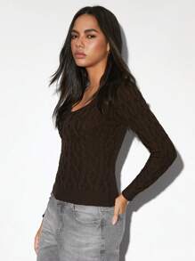 SHEIN Unity 女士百搭圆领针织长袖套头毛衣，休闲百搭，咖啡棕色，秋冬针织套头衫 - 咖啡棕 - 查看 6