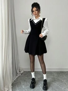Gloray Sexy Elegant One-Piece Dress With Ruffle Collar And Cuffs, Fitted Waist, Pleated Mini , Stretchy Knit Fabric, Suitable For Daily, Date, Party Wear, Autumn/Winter