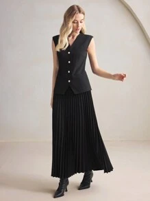 BizChic 2pcs/Set Women's Black Blazer Suit With Pleated A-Line Skirt, Office/Commuter Wear, Elegant For New Year, Spring/Summer - Black - View 4