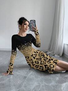 SHEIN Clasi 女款金箔豹纹渐变印花圆领长袖中长修身连衣裙 - 黑色和金色 - 查看 3