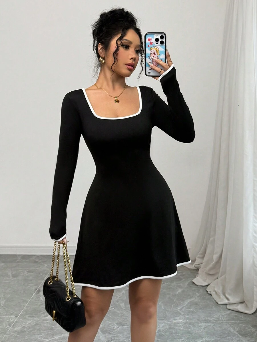 Selianne 女士秋季休闲长袖方领短款连衣裙 - 黑色 - 查看 1