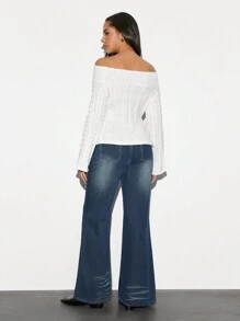 SHEIN Unity 1pc Women's White Off Shoulder Textured Knit Fitted Flare Sleeve Sweater, Casual & Stylish For Autumn/Winter Knit Pullover Fall Sweater - White - View 2