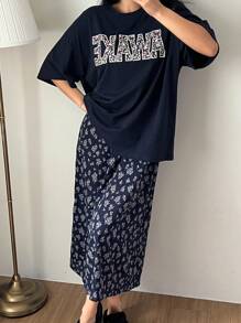 DAZY 2件套女士宽松字母印花睡裙和睡衣套装睡衣 - 藏蓝色 - 查看 5