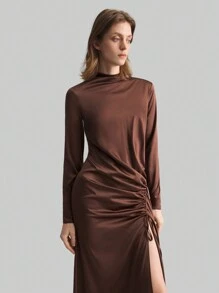 Ontre Women's Extra Long Dress With Slit And Pleating, Elegant Design - Brown - View 6