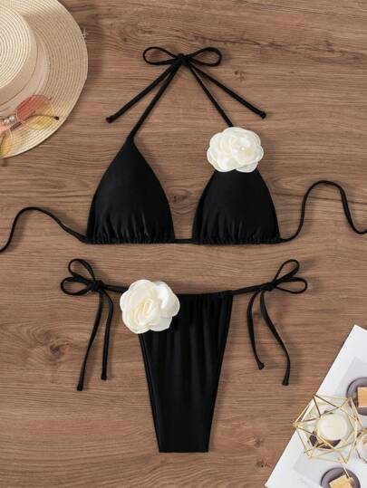 Swim Chiccia Seksowny damski trójkątny dekolt typu halter 3D kwiatowy czarny zestaw bikini lato