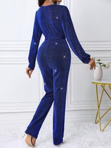 女士纯色 V 领闪亮连体裤，修身剪裁，简约休闲风格，适合日常穿着