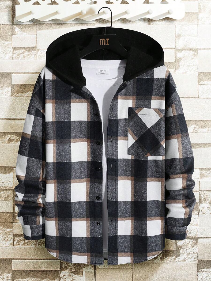 Manfinity Homme Men Plus Plaid Print Hooded Shirt Without Tee - Multicolor - View 1