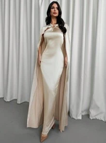 Firerie Vestido largo elegante de diseño de capa conectada con aro de unicolor para mujeres, para el Año Nuevo y el Día de San Valentín - Champán - Ver 4