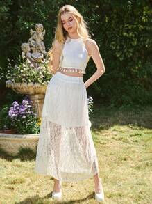 SHEIN Teen Girl Halter Lace Top And Mesh Skirt Summer 2-Piece Set - White - View 4