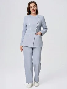 Scrubzie 2 Pieces Set Contrast Color Multi-Pocket Anti-Wrinkle Long Sleeve Blouse & Pants Women's Scrub Uniform - Baby Blue - View 7