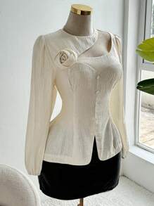 Ceyna Plus Size Elegant Ruched Floral Asymmetric Button Shirt Elegant Exquisite