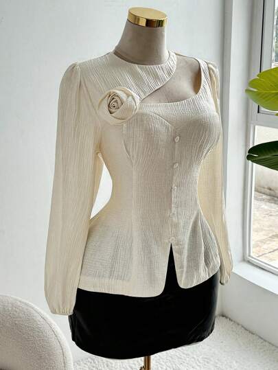 Sweetra 大码优雅褶饰花卉不对称纽扣衬衫