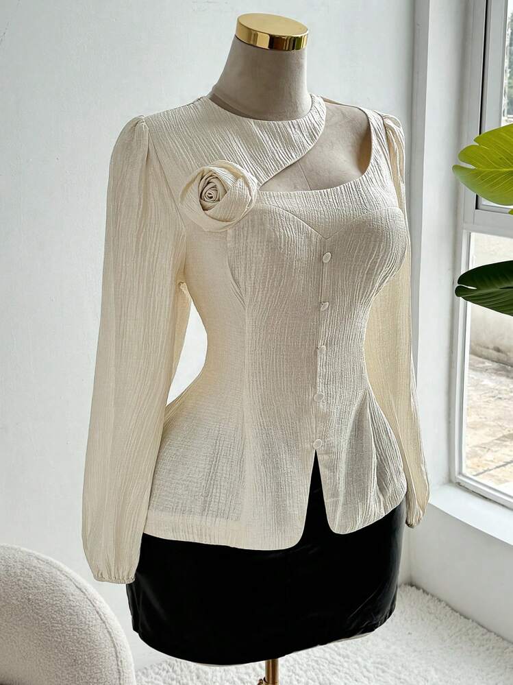 Sweetra 大码优雅褶饰花卉不对称纽扣衬衫 - 杏色 - 查看 1