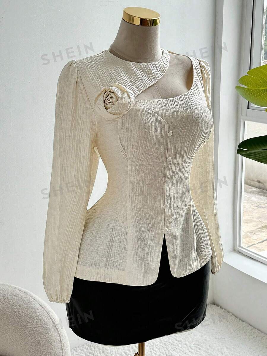 Ceyna Elegantes Hemd mit Blumen Muster, asymmetrischen Knöpfen und Raffungen in Große Größen