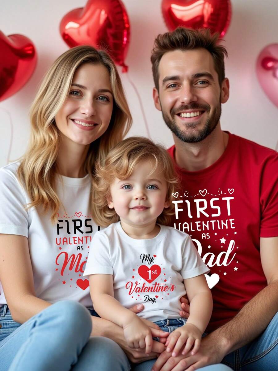 SHEIN 1 件男士休闲情人节口号图案圆领短袖 T 恤，新爸爸情人节礼物 - 酒紅色 - 查看 1