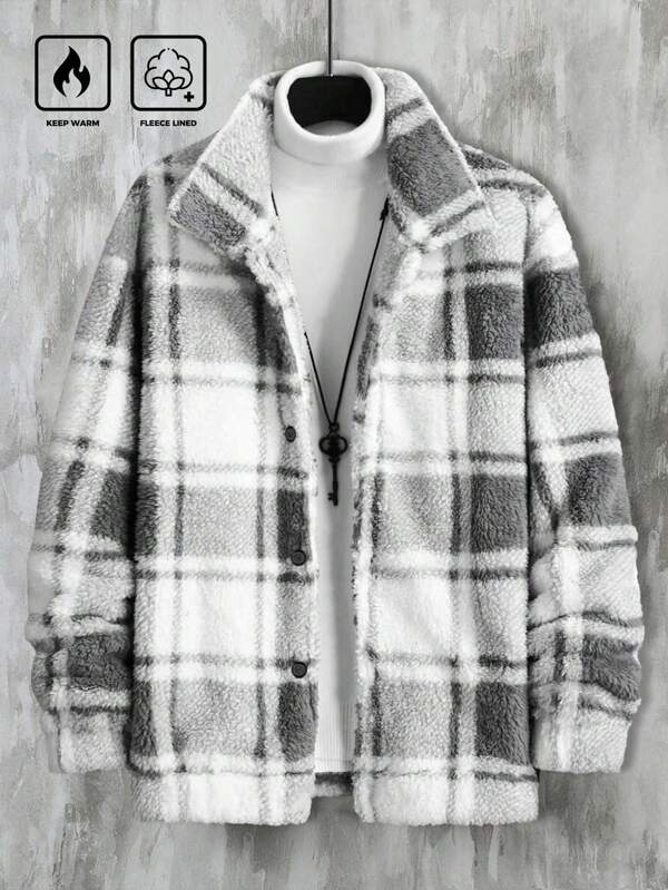 Manfinity Homme Plus Size Men's Button-Front Long Sleeve Plaid Casual Jacket, Work Fashion Light Grey Plaid Colorful Jacket, For Friends, Husband, Boyfriend Gifts