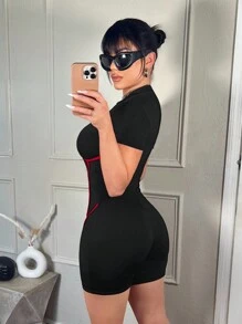 SHEIN SXY Bộ đồ liền thân bó sát cổ tròn tay ngắn màu sắc đơn giản dành cho nữ - Đỏ - Xem 2