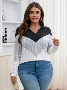 SHEIN LUNE Plus Size Women Soft Fleece Tricolor Patchwork Loose Stand Collar Long Sleeve T-Shirt