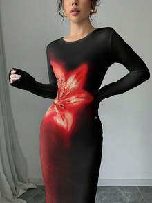 SHEIN Clasi 黑色背景红色花卉装饰圆领长袖中长款修身连衣裙，适合春季情人节女士穿着 - 紅色和黑色 - 查看 7