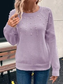 EMERY ROSE Women's Crew Neck Bubble Beaded Sweater, Minimalist Fashion Casual Daily Wear