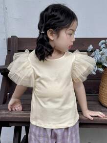 DAZY Young Girl Simple Solid Color Mesh Contrast Casual T-Shirt, Fashionable For Daily Wear, Summer - Apricot - View 5