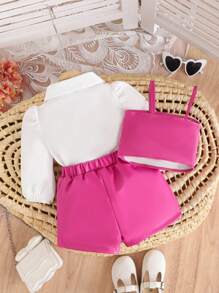 SHEIN 3pcs Infant Girl Set: Elegant Pink Suspender Top With Bow Decor, Matching Shorts And White Puff Sleeve Shirt, For Spring/Autumn