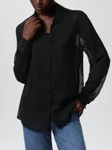 SHEIN Privé Women's Chiffon 2 In 1 Loose Blouse, Suitable For Spring And Valentine's Day Fall Cloth For Women - Black - View 2