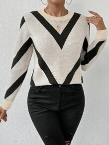SHEIN PETITE 2024 Autumn/Winter New Arrival Geometric Stripe Pattern Pullover Sweater Knit Pullover Fall Sweater - Black and White - View 4