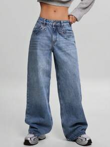 EURMUSE WOMEN WID ELEG LOW WAIST JEANS - Medium Wash - View 1